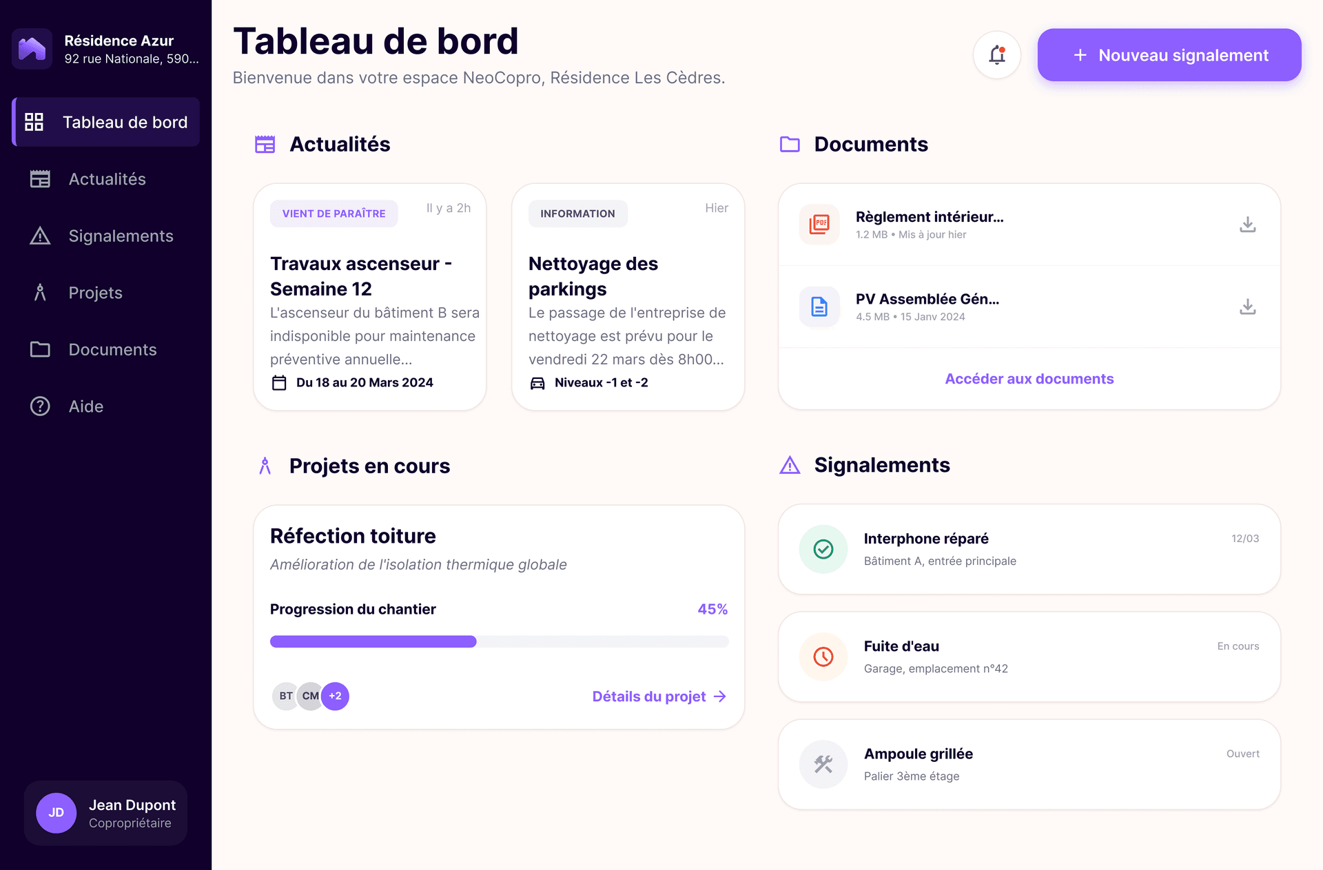 Dashboard copropriétaire NeoCopro avec actualités et signalements